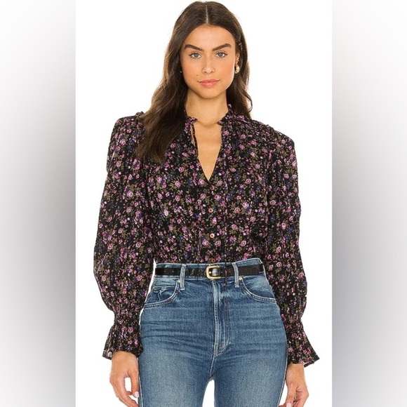 Free People Tops - Free People Black and Purple Floral Blouse  Size S 100% Cotton